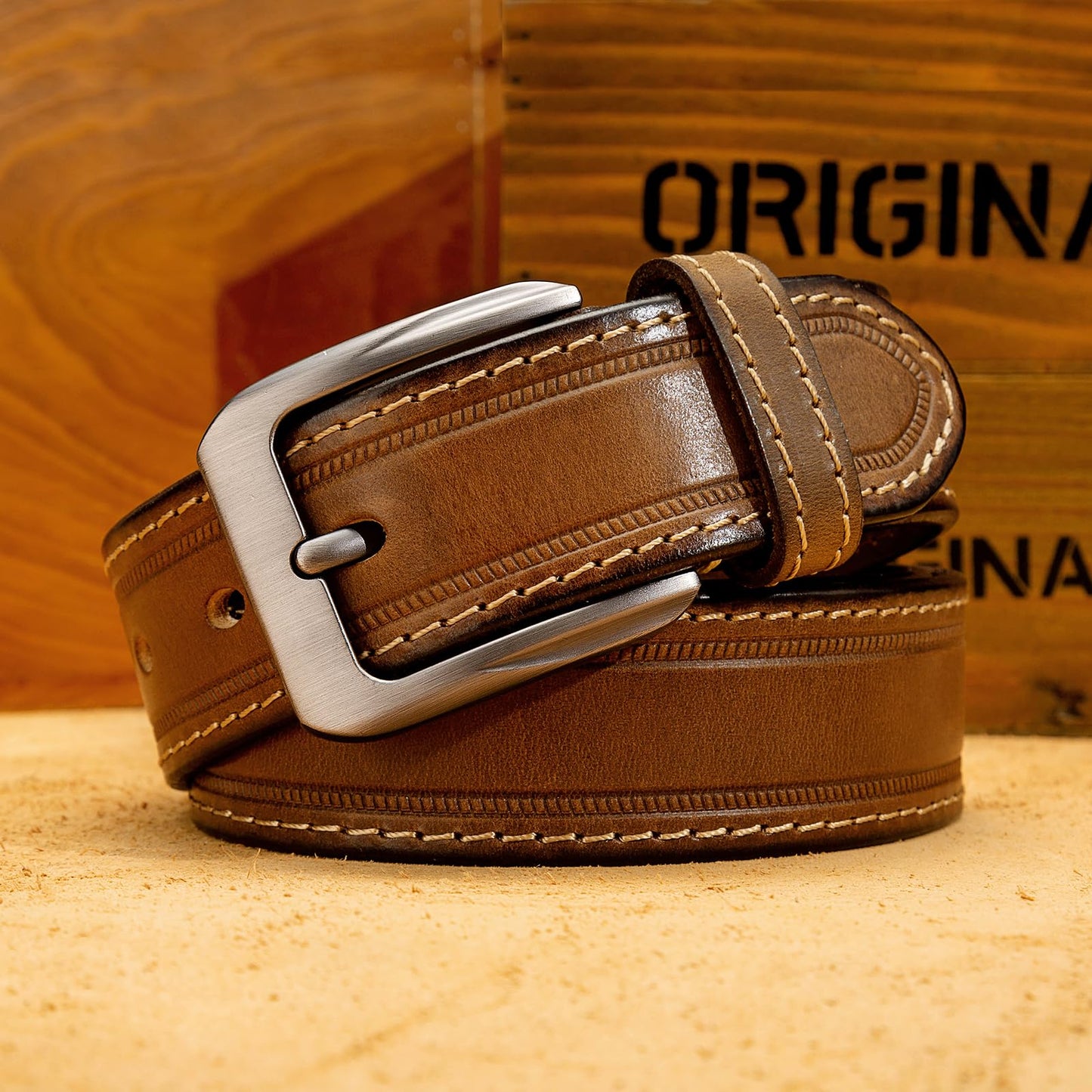 HOLMANSE Italian Full Grain Leather Belt for Men Western Cowboy Casual Jean Belt 1.5 Wide 7 Holes Gift Box Packaging (Full Grain Leather/Brown, Belt Size 36 / Pants Size 34)