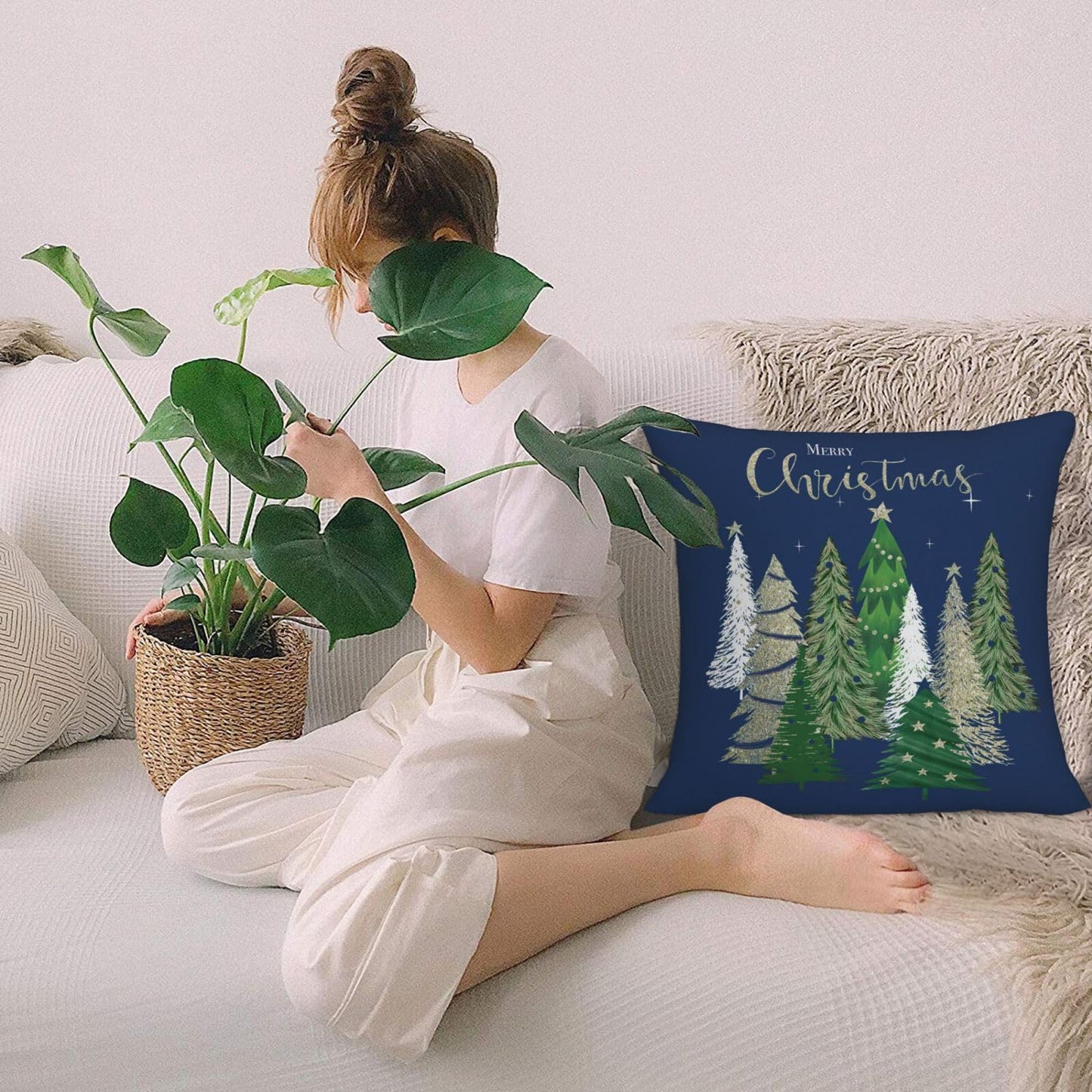 AELUTYSH Blue Christmas Pillow Covers 18x18 Inch Set of 2, Christmas Tree Gold Star Decorative Throw Pillows Winter Pillow Case Holiday Christmas Decor Cushion Cover for Home Sofa Couch