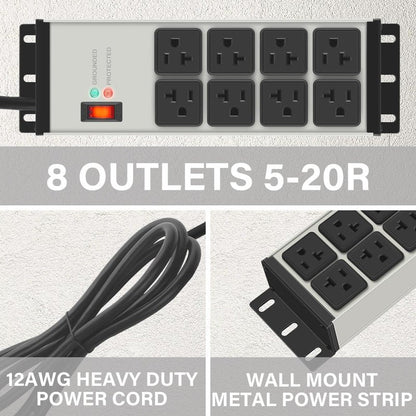 CCCEI Heavy Duty Power Strip Surge Protector 20 AMP Switch, 12 Gauge Extension Cord with Multiple Outlets, Industrial, Shop, Garage High Amp Wall Mount Electric Extender. 6FT, Grey.