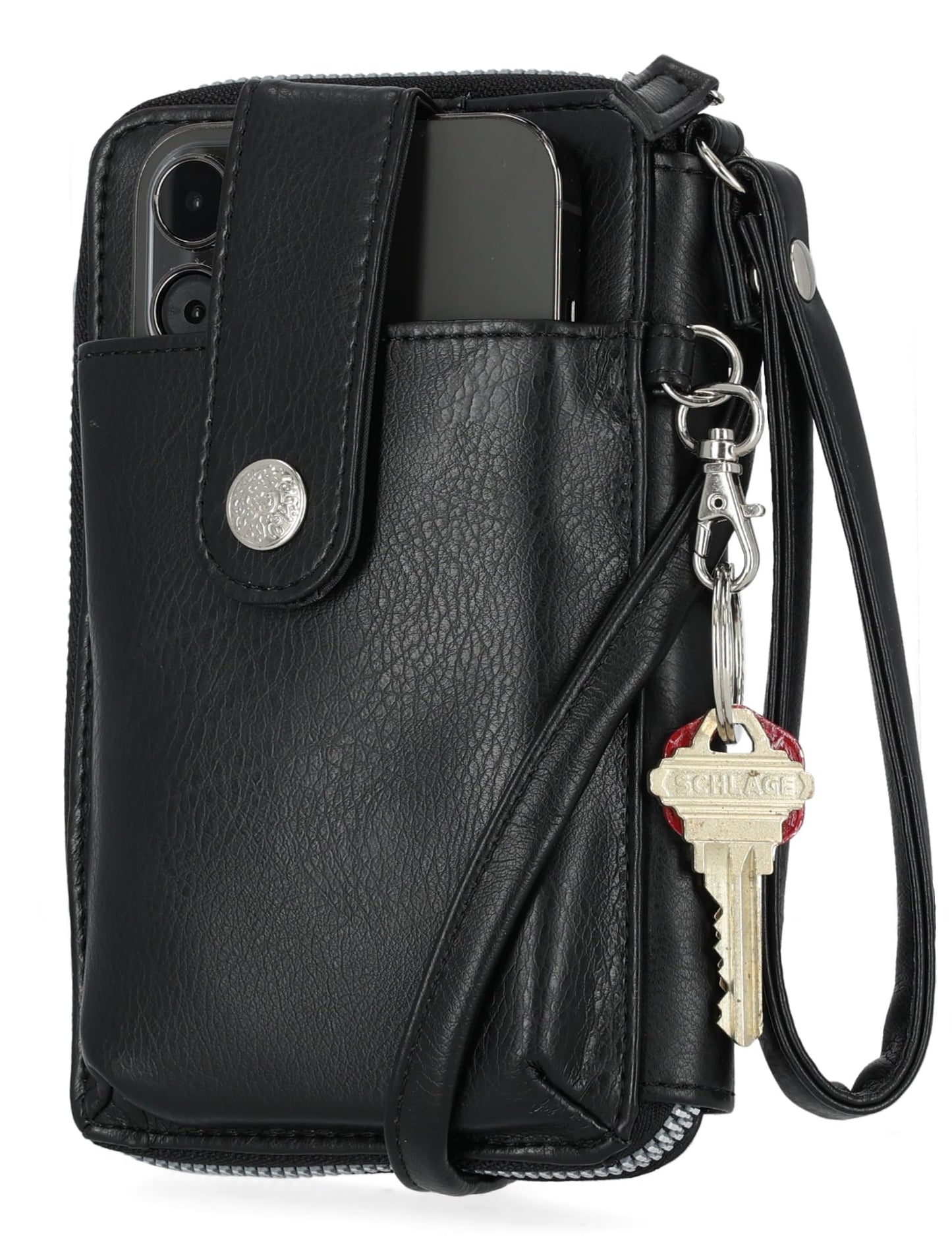 Mundi Jacqui RFID Crossbody Wallet for Women, Vegan Leather Small Travel Handbag with Phone Holder, Compact Organizer with Card Slots and Removable Strap, Vacation Purse in (Black)