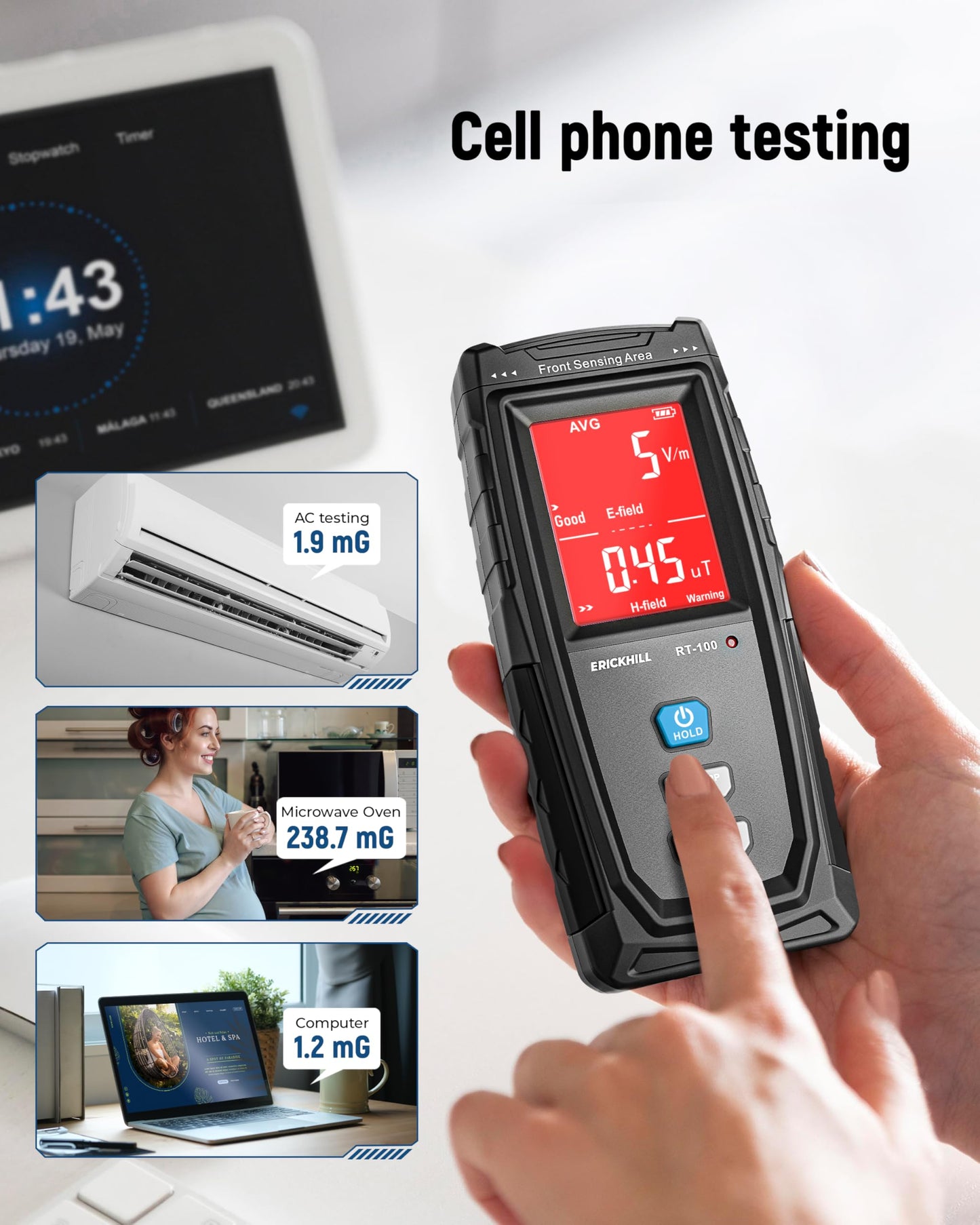 ERICKHILL EMF Meter, Detects Electric and Magnetic Fields, Handheld Digital EMF Detector with LCD Display, Sound-Light Alarm, Rechargeable Battery for Home, Office, and Appliances (Blue)