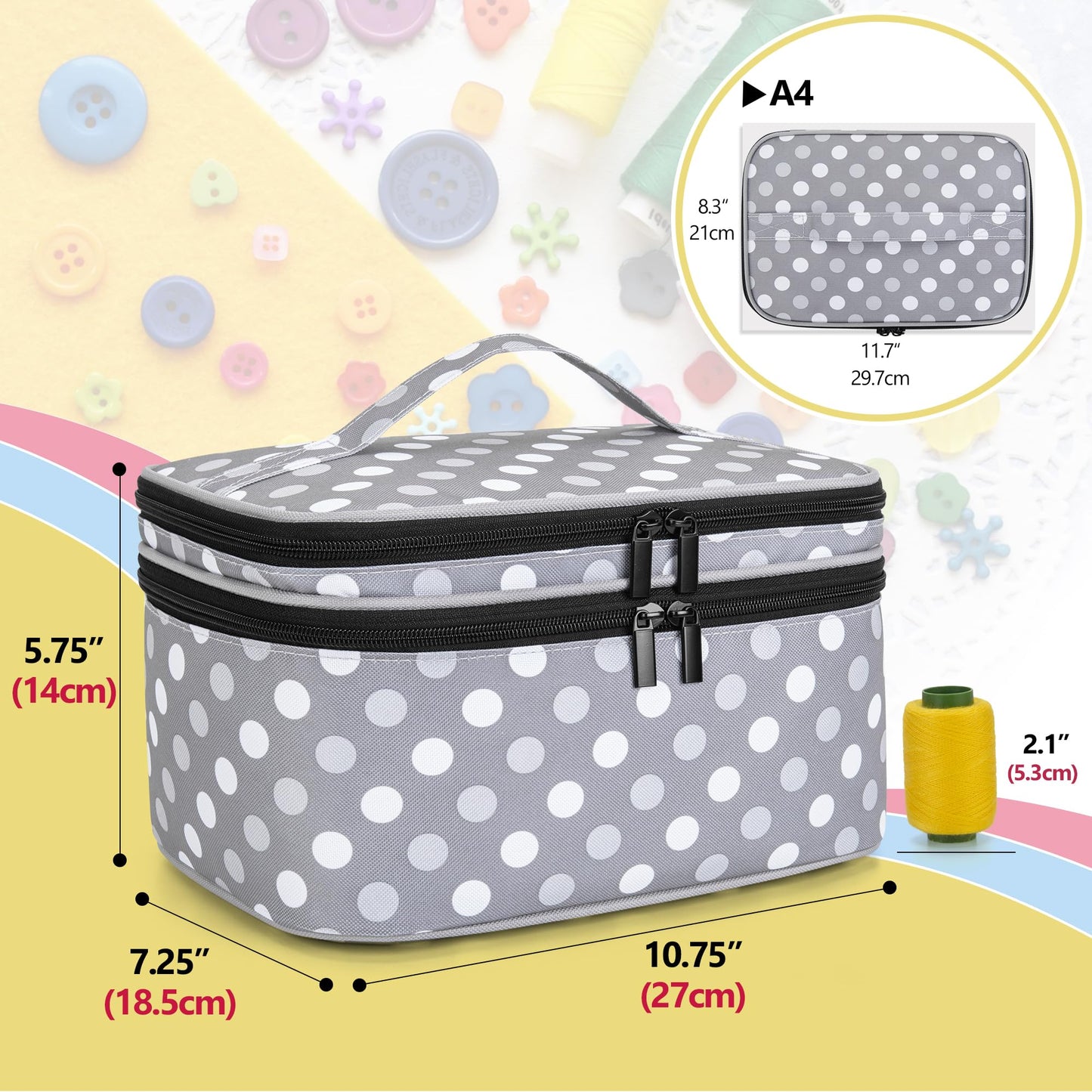 Luxja Double-Layer Sewing Accessories Organizer, Sewing Supplies Organizer for Needles, Thread, Scissors, Measuring Tape and Other Sewing Tools, Large/Polka Dots