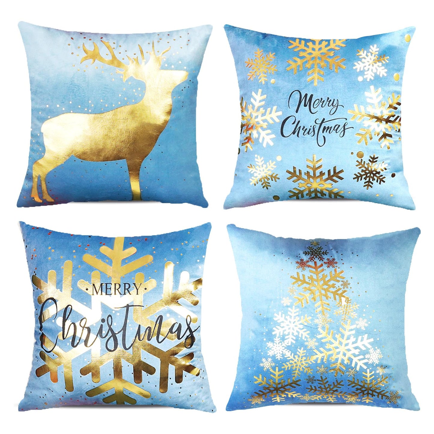 ONWAY Blue Gold White Christmas Decorations Throw Pillow Covers 18x18 Set of 4 Snowflakes Reindeer Decorative Cushion Cases Xmas Golden Decor for Couch Sofa Bedroom