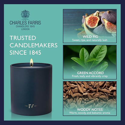 Charles Farris Luxury Scented Candle – 1 Wick, Hand-Poured, Long Lasting, Clean Burning, 210g / 7.5oz, Burns for up to 50 Hours, Made in England – Wild Fig & Green Accords – Redolent Fig