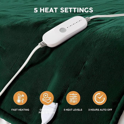 HYLEORY Heated Electric Blanket Throw 50"x60" Soft Fleece & Flannel with 5 Heating Levels & 3 Hours Timer Auto Shutt Off, ETL Certified, Washable，Heated Blanket for Body-Dark Green