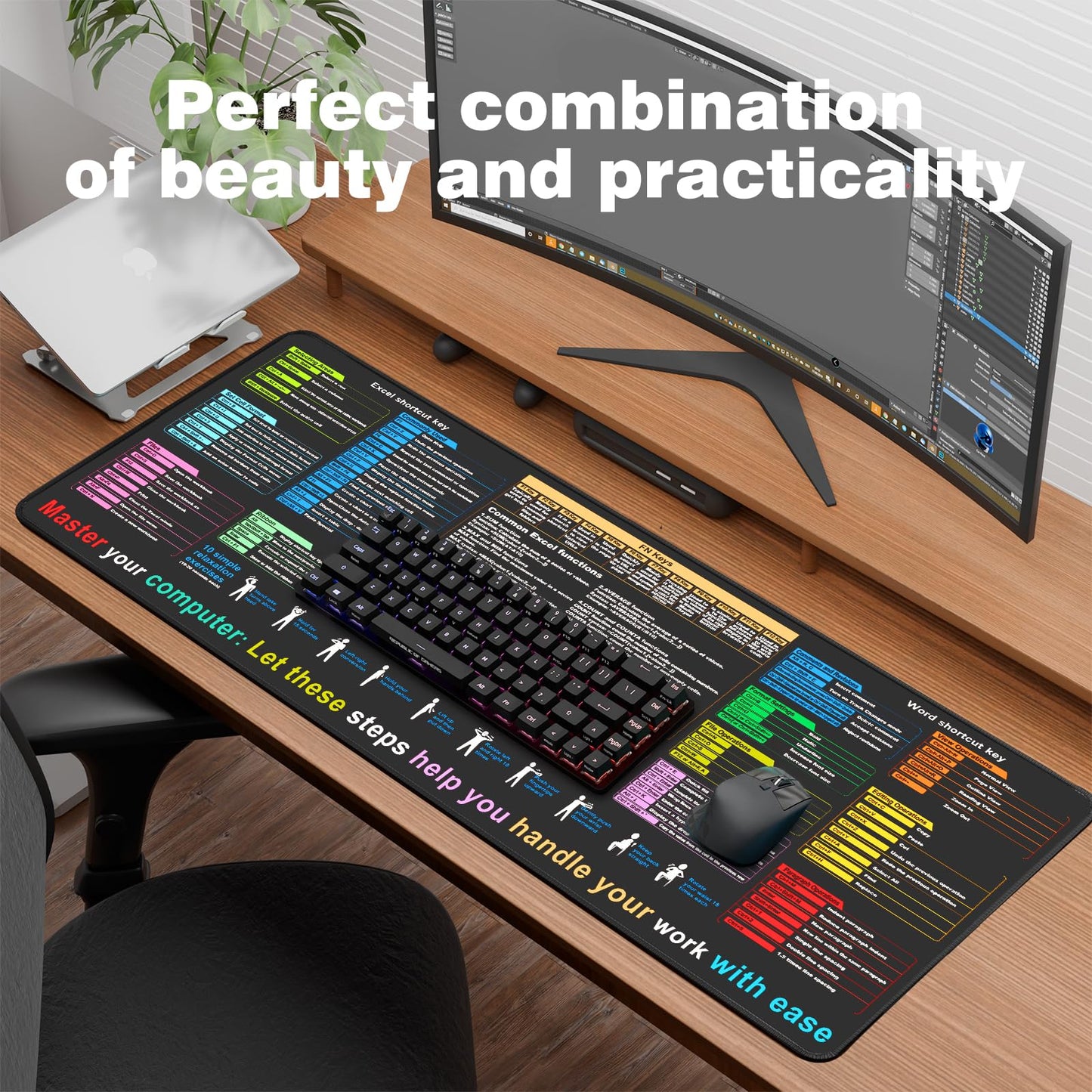 Waterproof Desk mat—Excel Cheat Sheet Desk pad—Contains 12 Types of Common Skills in Excel and Word—Large XL Gaming Mouse pad|Office Keyboard pad|Computer mat with excel Shortcuts