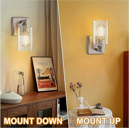 Pia Ricco Wall Sconces Set of 2, Bedside Wall Lamp with Switch for Bedroom, Modern Bathroom Light Fixture with Clear Glass Shade, Brushed Nickel Sconces Wall Lights for Living Room, Hallway, Kitchen