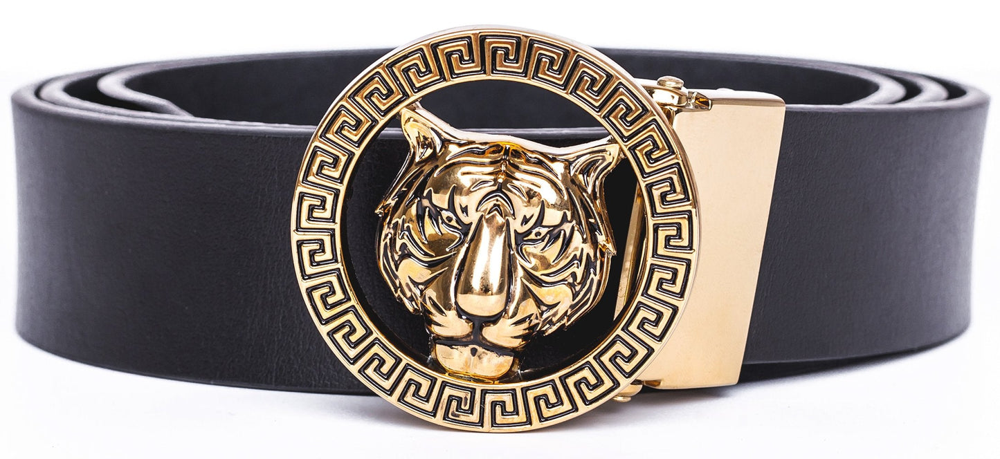 Old John leather Men's Luxury Gold Tiger Buckle 35-mm Italian Leather Belt (105cm/41.3inch(34-36), Black)