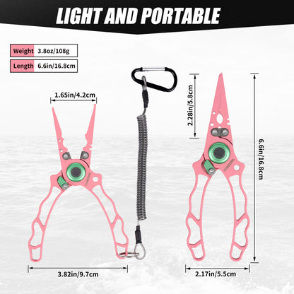 YUMEOWL Lockable Fishing Pliers & Hook Removers with Tungsten Steel Cutters, Non-Stick Coating, Ergonomic Handle and Lost Rope,Sheath - Lightweight, Multi-Function Fishing Gear, Pink 6.6" 3.8 oz