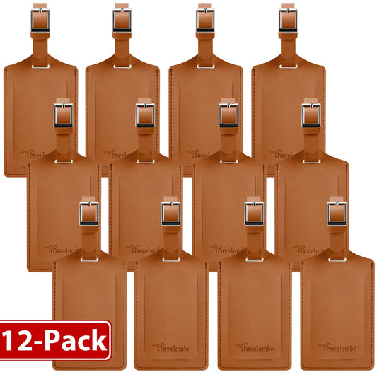 Travelambo 12 Pack Luggage Tags for Suitcases Privacy Protection Bag Tags Faux Leather Travel Accessories Essential, Yellowish Brown