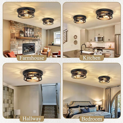 Flush Mount Ceiling Light Fixture,Vintage Metal Black 2-Light Hallway Light Fixtures Ceiling,Rustic Retro Light Fixtures Ceiling Mount for Farmhouse,Kitchen,Hall (2 Pack)