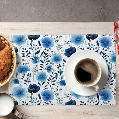 Blue Floral Watercolor Linen Placemats Set of 4, 12" x 18" Heat Resistant Washable Boho Blue Table Mats for Dining Table Kitchen Party Outdoor, Elegant Home Decor & Gift for Floral Nature Enthusiasts
