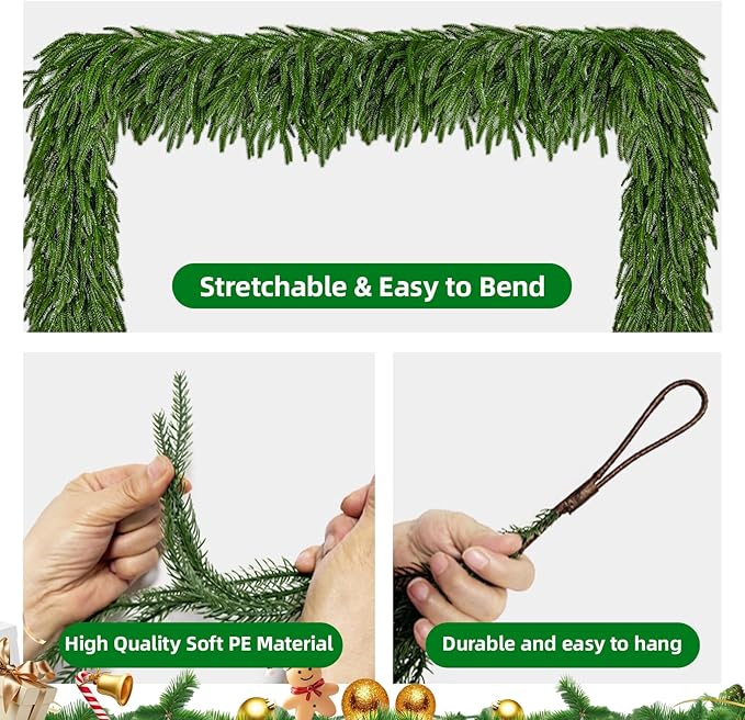9 Ft Norfolk Pine Christmas Garland - Artificial Faux Pine Needles Real Touch Winter Garland - Indoor/Outdoor Holiday Greenery Garlands for Fireplace Mantle, Staircase, Window Decor