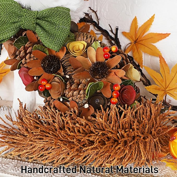 Glintoper Fall Wreath for Front Door, 14" Thanksgiving Straw Fox Figurine with Woodchip Pinecone, Hanging Harvest Autumn Gifts, Tabletop Centerpieces, Woodland Animal Home Kitchen Office Decor