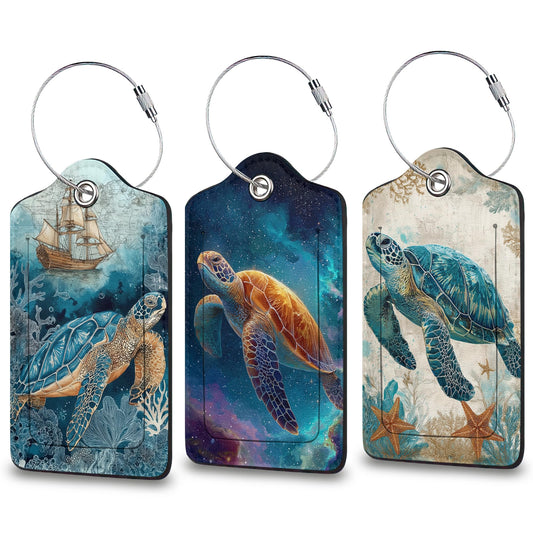 3 Pcs Sea Turtle Luggage Tags for Suitcase, Travel Cruise Luggage Tag with Privacy Flap, Name ID Label and Metal Loop for Women Men Baggage Handbag School Bag Backpack