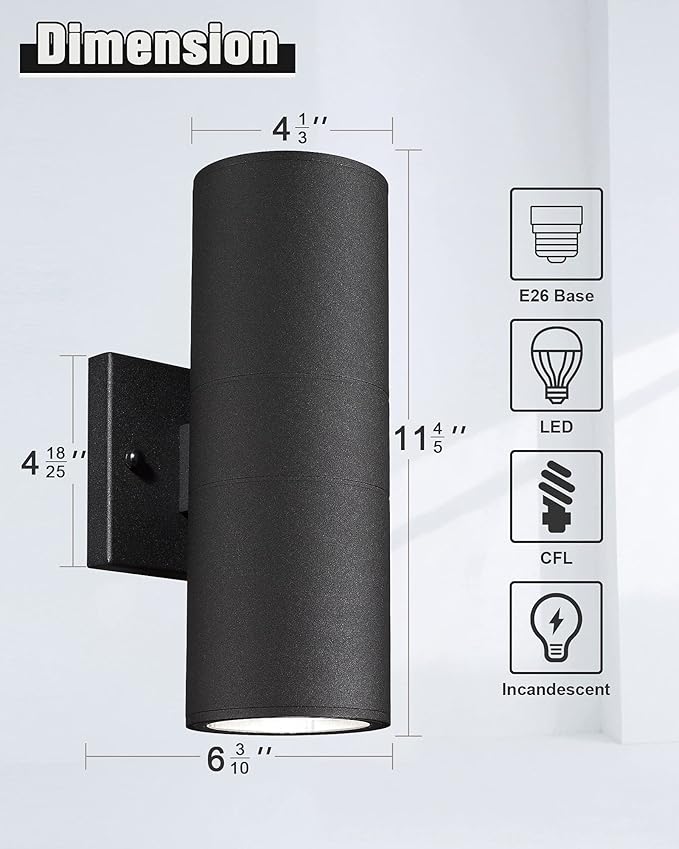Ken & Ricky Exterior Wall Lights, Outdoor Up and Down Wall Sconce, Cylinder Outside Lights with Tempered Glass Cover for House Porch Garage Patio Doorway Entryway -1 Pack