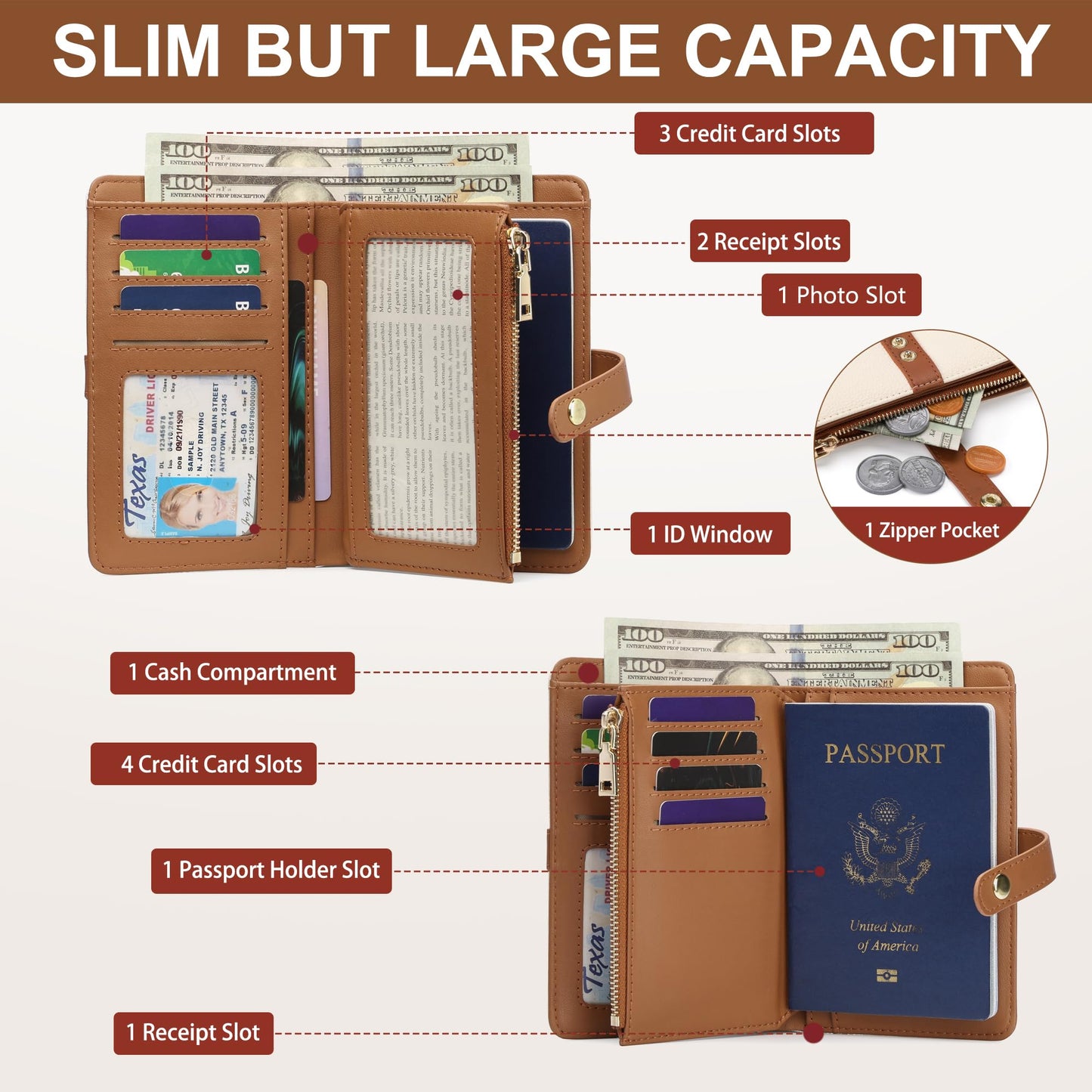 Small Wallet Women RFID Blocking Vegan Leather Slim Thin Bifold Credit Card Wallet Passport Holder Ladies Travel Wallet Mini Purse with Zipper Pocket