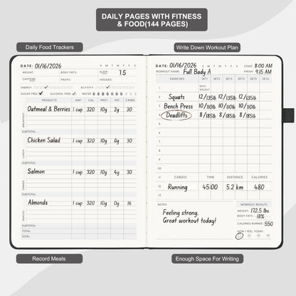 &And Per Se Workout and Food Journal – Fitness Journal with Daily Diet Tracker & Gym Exercise Log Book for Men & Women – Undated, A5 Size, Leather Hardcover (Black)