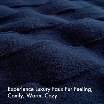 Madison Park Luxuriously Cozy Soft Long Faux Fur Basketweave Blanket, Reversible Soft & Snuggly Velvet Throw, Lightweight, Breathable, All Season, Trendy Room Décor, 50x60, Navy