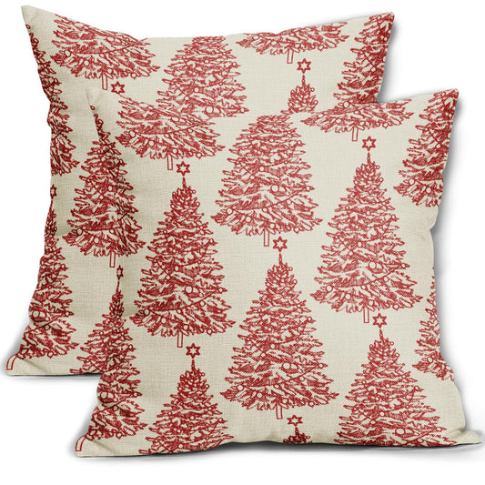 Aytipun Christmas Tree Pillow Covers 18x18 Set of 2 Red Rustic Vintage Decorative Throw Pillowcases for Home, Living Room, Bedroom, Sofa, Couch, Bed, Chair, Stool, Porch, Office, Cafe, Car
