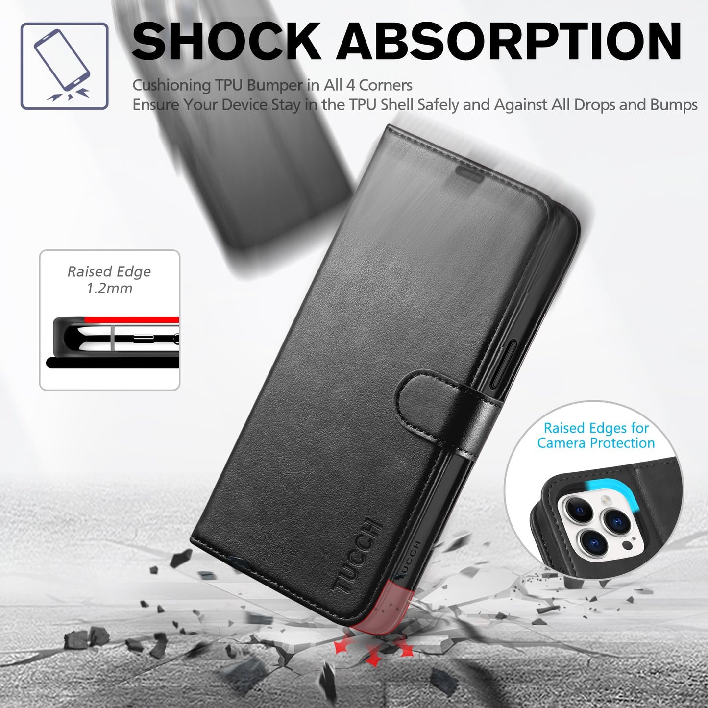 TUCCH Case Wallet for iPhone 15 Pro Max, RFID Blocking 4 Card Holder Kickstand Shockproof TPU Inner Case, PU Leather Magnetic Flip Folio Cover, Black