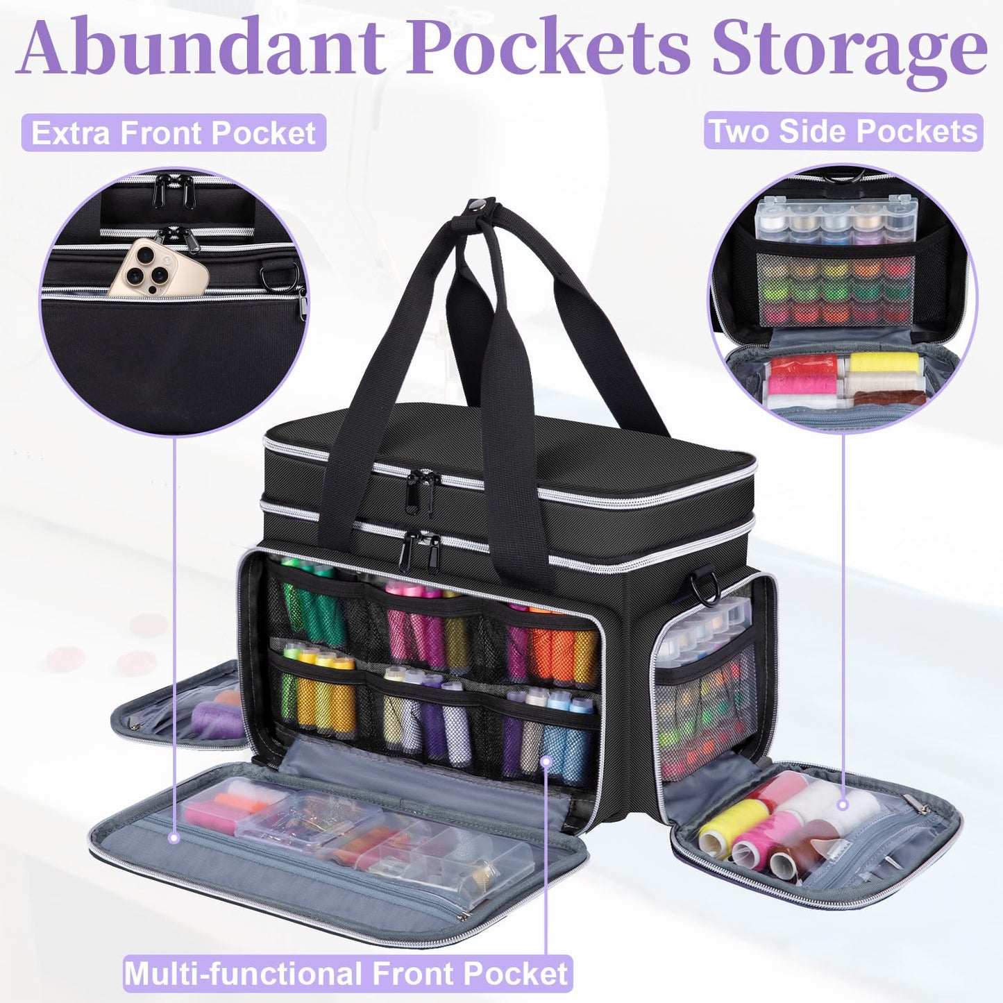 Anitor Large Sewing Supplies Organizer, Double Layer Sewing Storage Organizer with Two Detachable Dividers, Travel Sewing Bag Organizer with Shoulder Strap for Accessories, Black, (Bag Only)