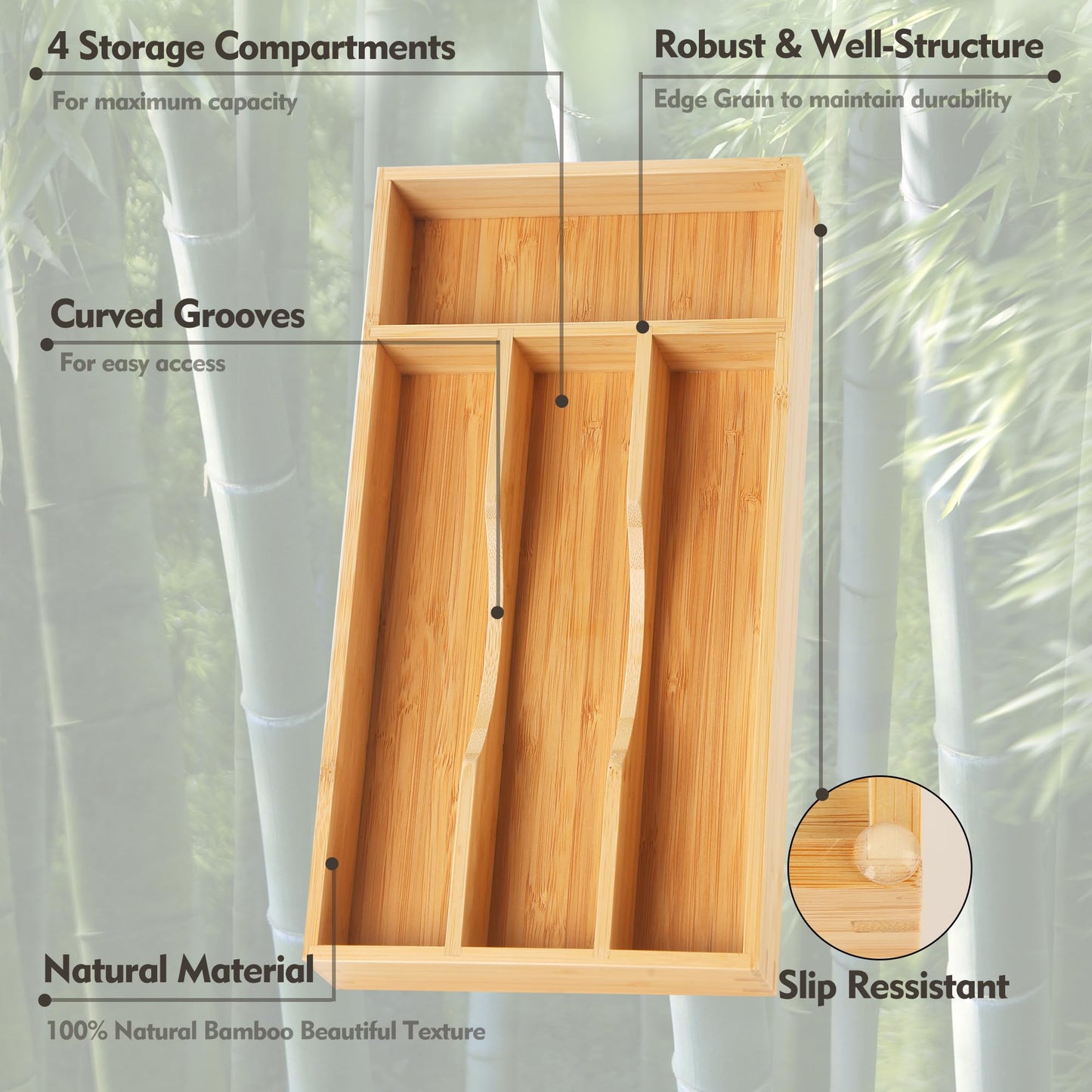Bamboo Kitchen Drawer Organizer, 9 Inch Silverware Utensil Holder for Samll Drawer, Narrow Silverware Organizer for Cutlery Knives
