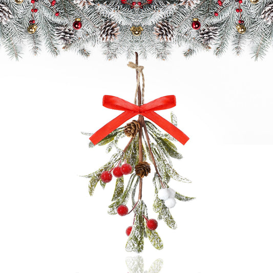 Giegxin 1 Piece Christmas Artificial Mistletoe Ornament with Bow Christmas Hanging Mistletoe Decoration Bouquet Floral Natural Pine Cones Holiday Decor Ornament Bouquet (Color Style,Red)