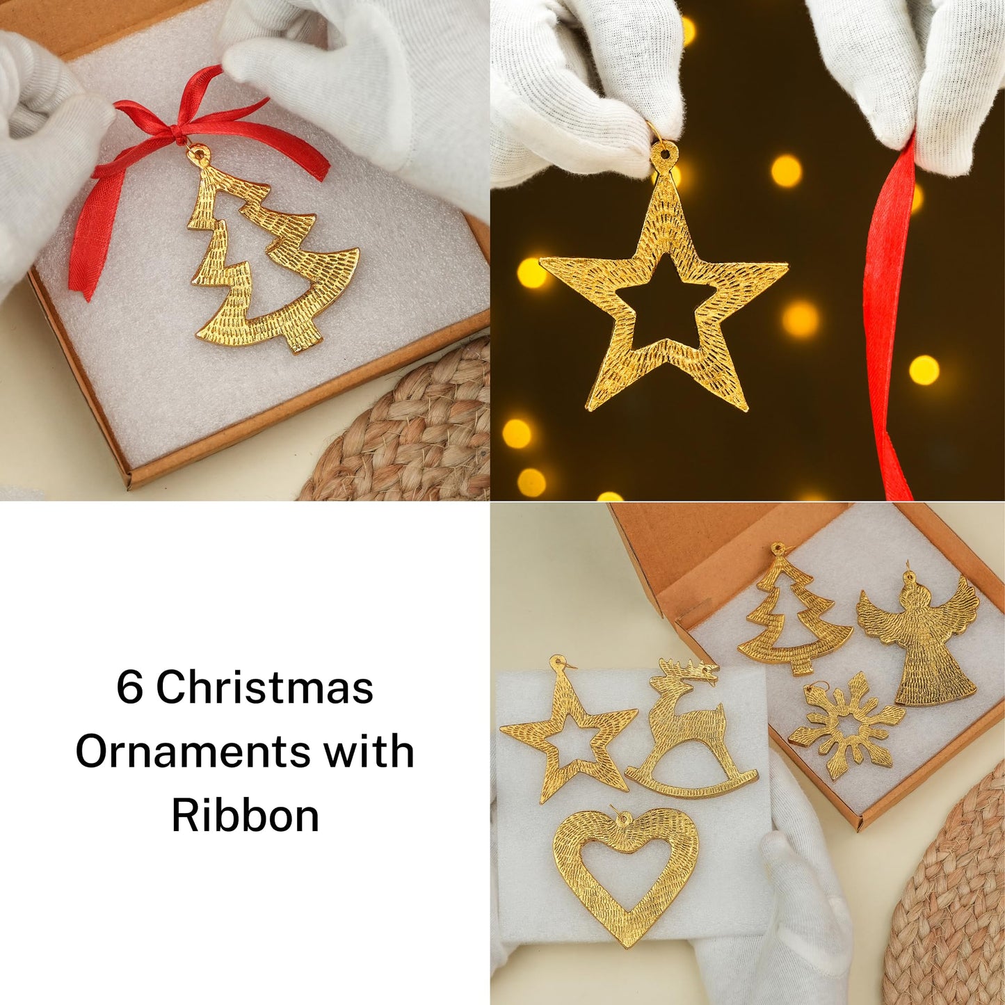 IndianShelf 12 Piece Golden Aluminum Christmas Tree Hanging Ornaments – Reindeer, Angel, Star, Snowflake, Heart & Tree Shapes for Holiday & Home Décor