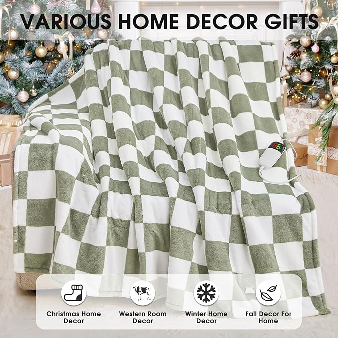 Sage Green Heated Throw Blanket Electric, 50X60 Heating Blanket with 10 Heat Levels & 8 Hours Auto Off for Lap, Checkered Plaid Soft Sherpa Blankets Warmer Gifts for Couch Grandma Women Adults