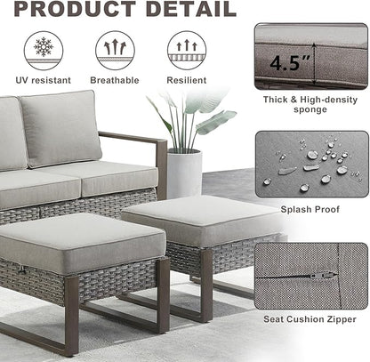 Rilyson Outdoor Ottoman Wicker Patio Footrest - 2 Piece Wicker Footrest Footstools Set with Sturdy Frame,All-Weather PE Wicker, Thick Cushions for Deck Porch Garden(Mixed Grey/Grey)