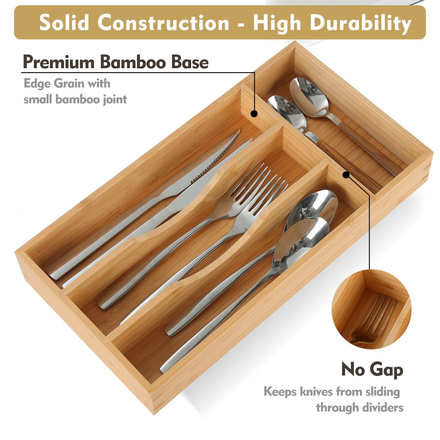 Bamboo Kitchen Drawer Organizer, 9 Inch Silverware Utensil Holder for Samll Drawer, Narrow Silverware Organizer for Cutlery Knives