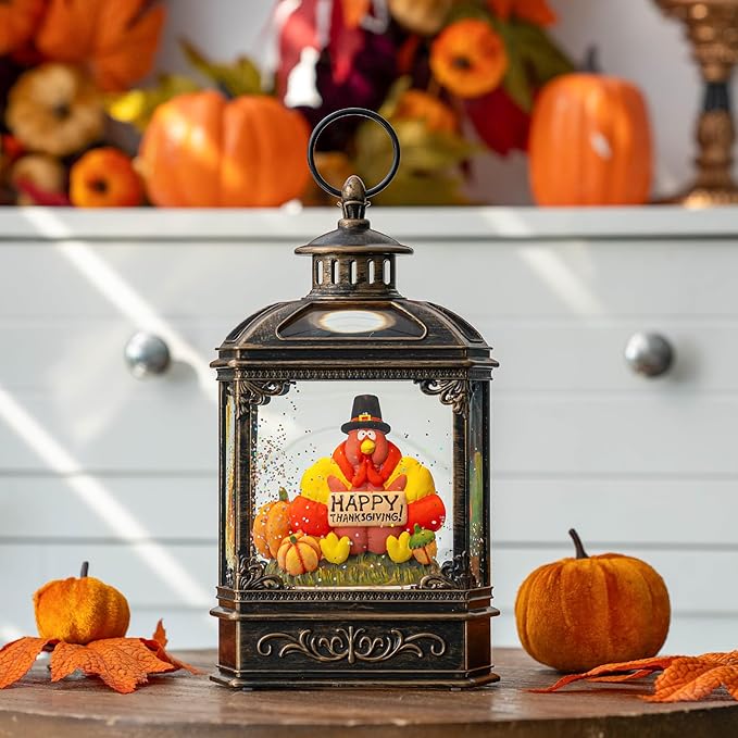 Fall Snow Globe Lantern - Thanksgiving Glittering Lighted Water Lantern, Fall Decorations Autumn Harvest Day Gifts, Table Home Fall Xmas Decor (Turkey & Pumpkins)