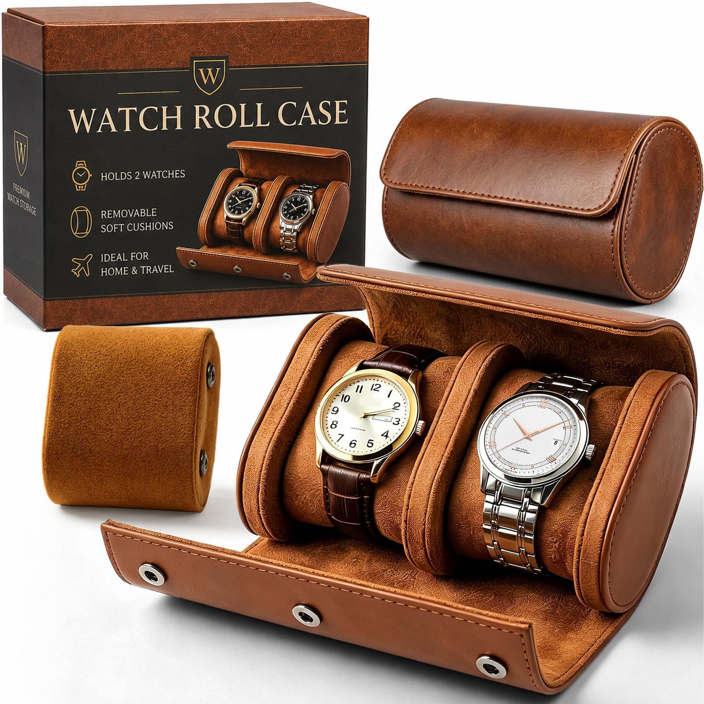Watch Travel Case for Men: Watch Roll Travel Box 2-Slot with Removable Pillows & Soft Lining - Portable Storage Compact Organizer for Travel & Display - Gift for Men (Brown)