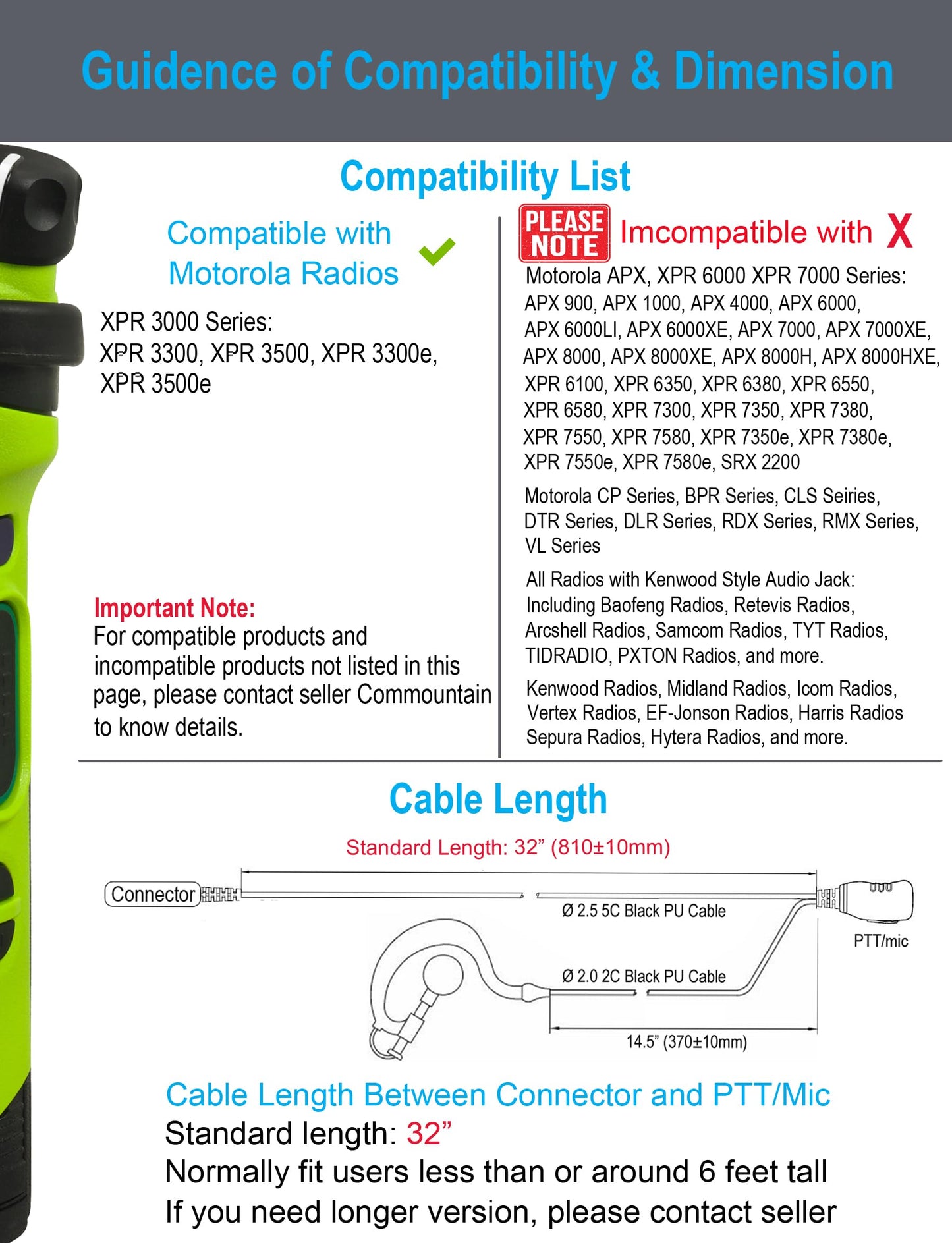 commountain XPR 3500e XPR 3300e Earpiece with Mic Compatible for Motorola Radios XPR3300e XPR3500e XPR3300 XPR3500, G Shape Headset with PTT Microphone, Fit Left or Right Ear
