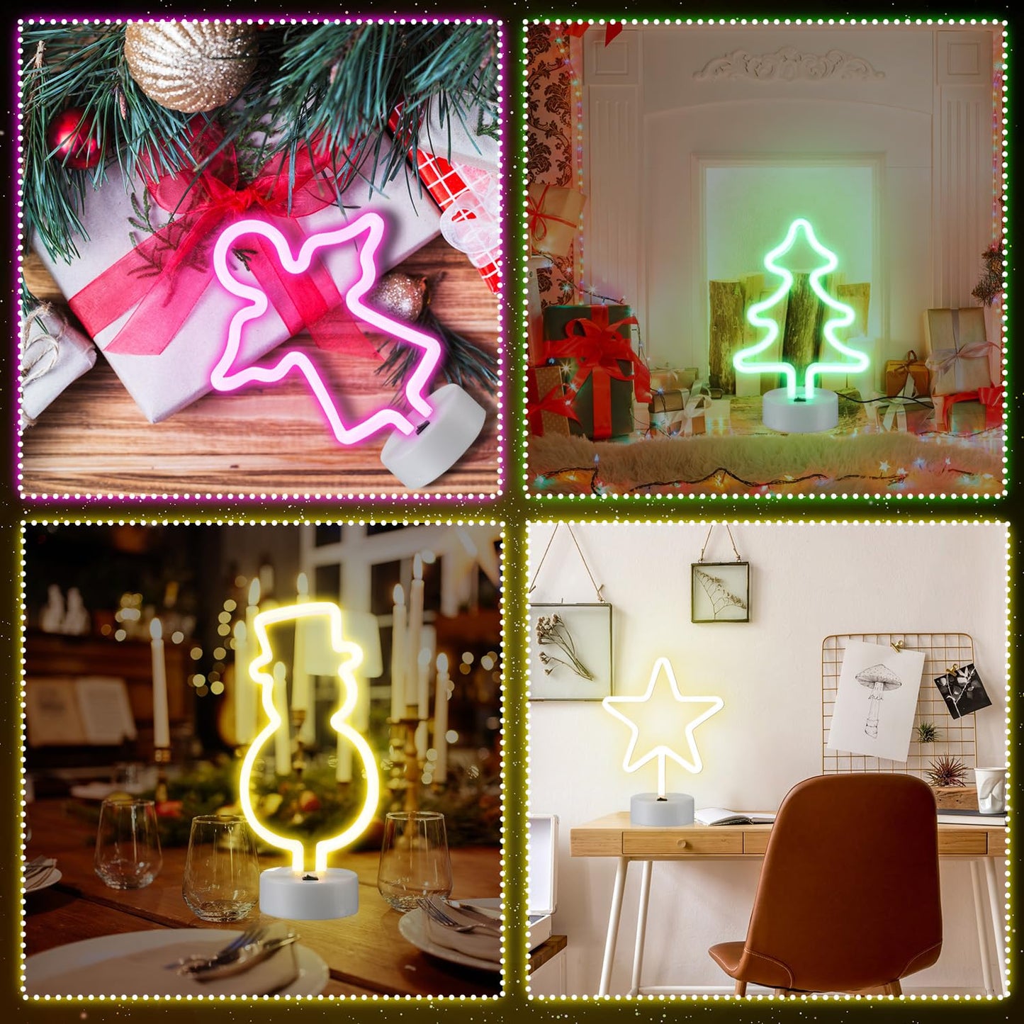 Baquler 4 Pcs Christmas Neon Light Tabletop LED Neon Sign with Holder Base Snowman Light up Night Lights Battery or USB Powered Holiday Decorations for Bedroom Party Supplies