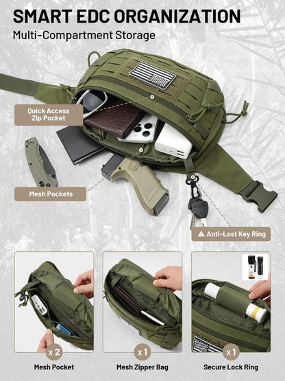 AUMENTAR Tactical Sling Bag, Fanny Pack,2in1,CCW & EDC Shoulder Bag with MOLLE & Pistol Holster - 1000D Adjustable Strap for Outdoor Carry Men & Women