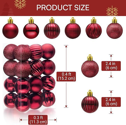 JOIEDOMI 24 Pcs Burgundy Red Christmas Balls Ornaments Set, 2.36" Christmas Tree Ornaments Shatterproof, Xmas Balls Hanging Decorations for Tree Wreath Garland Holiday Wedding Indoor Party Decor
