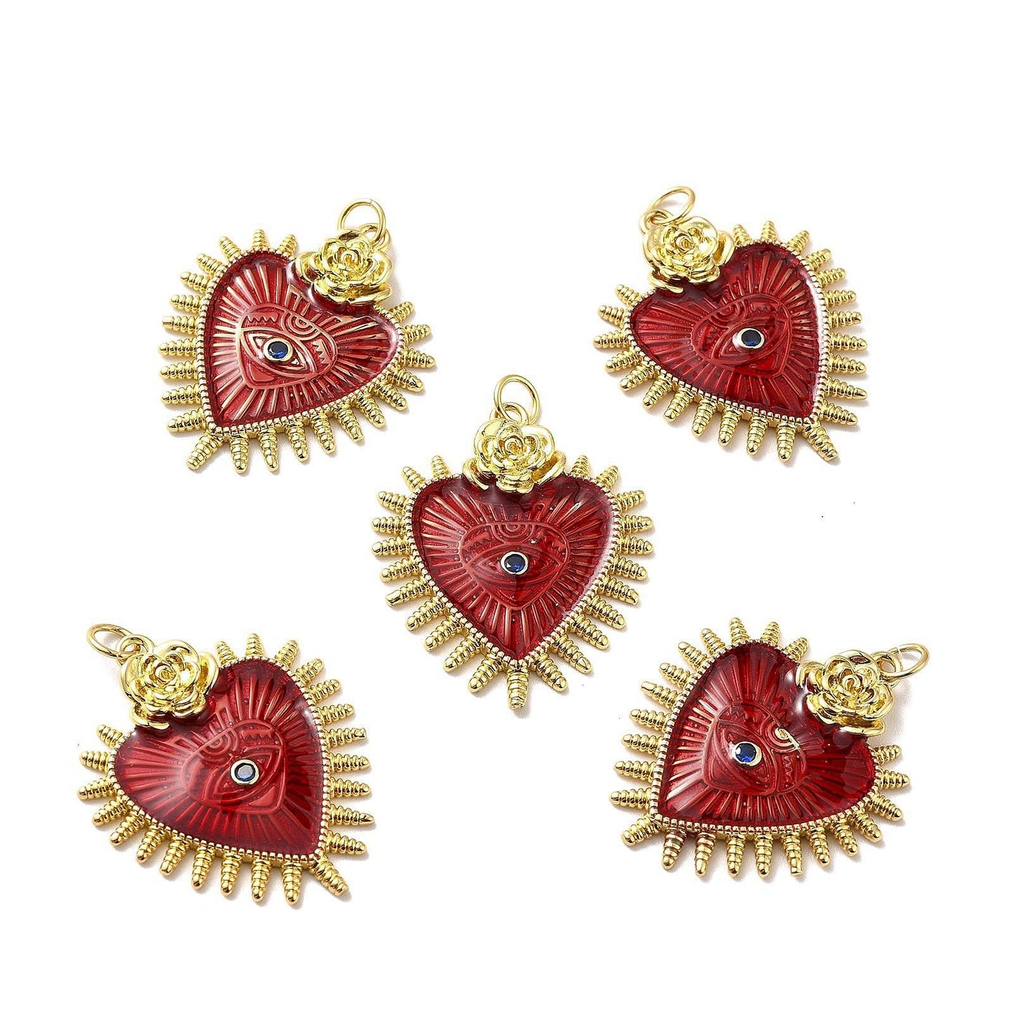 Stiesy Gothic Heart with Rose Charms 10Pcs, 18K Gold Plated Cubic Zirconia Charms Enamel Lucky Eye Pendant Charm Bulk for DIY Protection Jewelry Making Halloween Craft Decoration