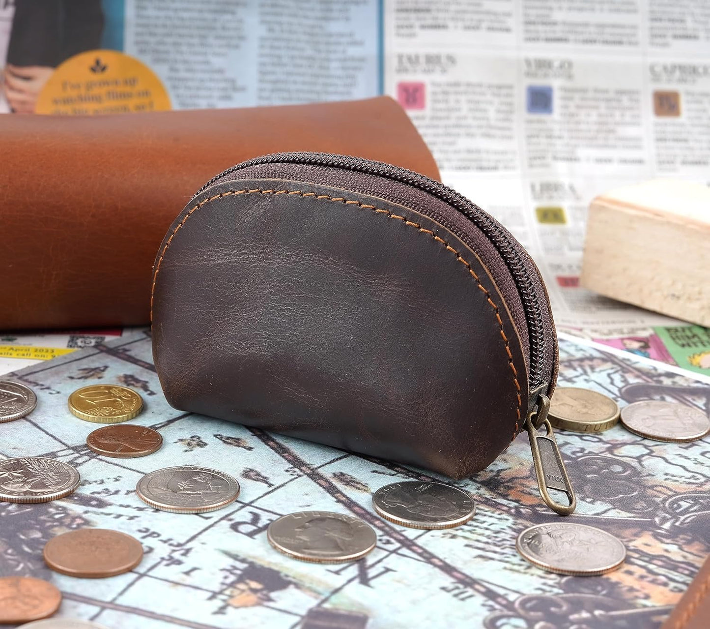 CestAntiQ, Leather Moon Pocket Coin Case, Mini Squeeze Coin Purse Pouch for Change, Dark Brown Leather Coin Holder Tray, Compact Wallet for Men & Women, Stylish & Durable, Elegant Coin Purse