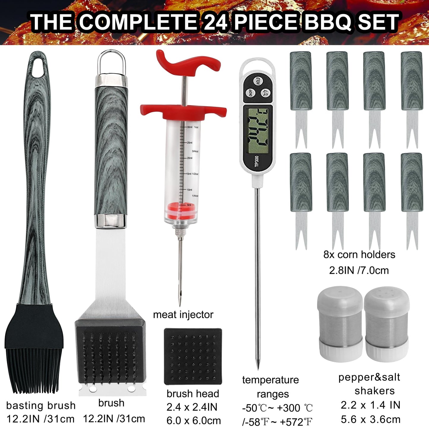 grilljoy 24PCS BBQ Grill Tools Set with Meat Thermometer and Injector - Extra Thick Stainless Steel Fork, Spatula& Tongs - Complete BBQ Accessories in - Perfect Grill Gifts for Father's Day