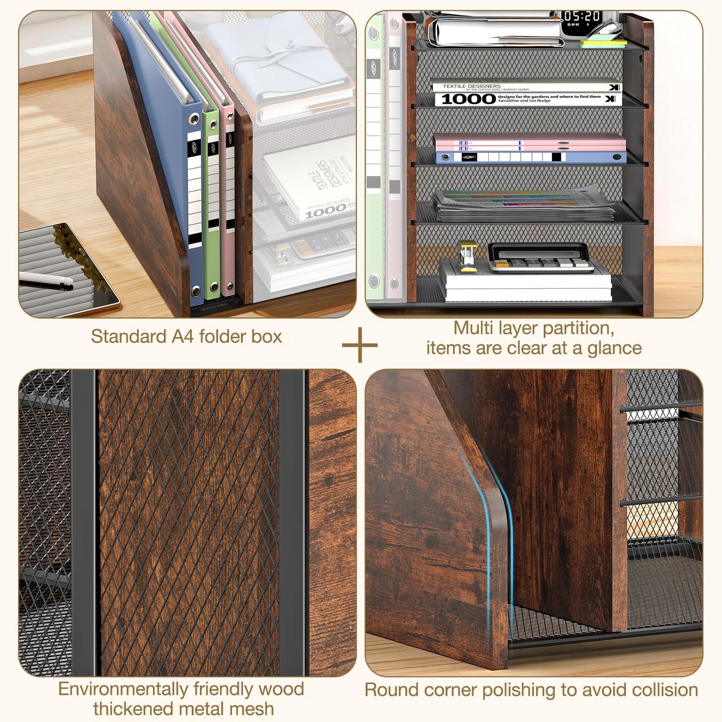 Desktop Storage with File Rack, 5-Layer Paper Letter Tray Storage, mesh Desktop Storage, and Storage Device with Office Supplies and Magazine Rack-Wood Grain