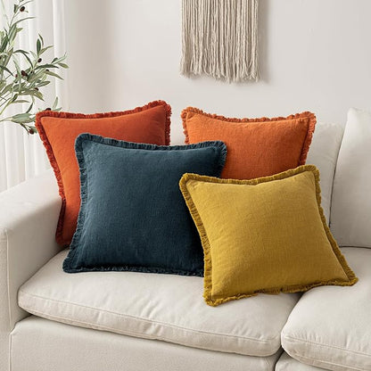 MIULEE Fall Decorative Throw Pillow Covers Neutral Linen Fringe Throw Pillows Set of 2 Burnt Orange Boho Farmhouse Cushion Covers with Tassels for Couch Sofa Bed Living Room Home Decor 22x22 Inch