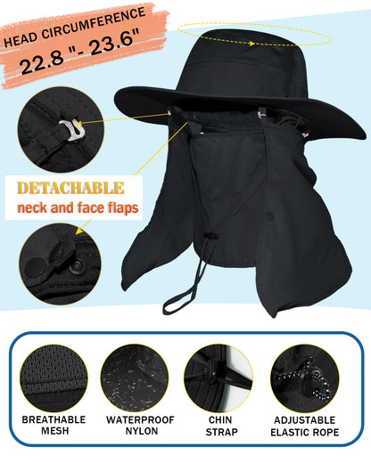 Wide Brim Sun Hat with Detachable Face Cover & Neck Flap Waterproof Safari Fishing UPF 50+ UV Protection Hat for Men Women Black
