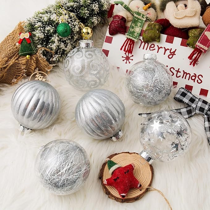 XmasExp 8ct Christmas Ball Ornaments Set -Large Clear Plastic Shatterproof Xmas Tree Ball Hanging Baubles Stuffed Delicate Glittering for Holiday Wedding Xmas Party Decoration (100mm/3.94",Silver)