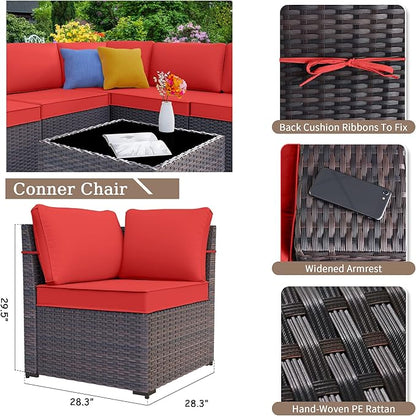 Kurapika 10 Pieces Patio Furniture Set, Rattan Wicker Outdoor Conversation Sets w/43in Propane Fire Pit Table, Swivel Rocking Chairs Patio Sectional Sofa w/4 Inch Cushion, Red