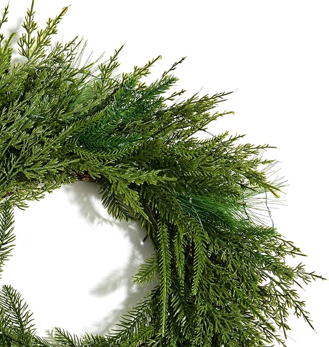 LampLust Winter Wreaths for Front Door Outside, 24 Inch Alpine Fir, Hemlock & Cypress Evergreen Wreath, 100 LED Lights, Battery Powered, Timer, Farmhouse Wreath Year Round, Winter Wreaths for Indoors