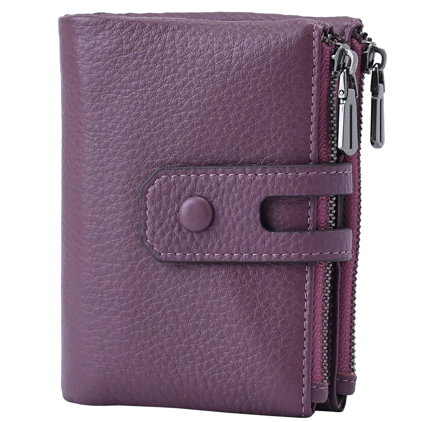 Bveyzi Small Soft Leather Wallet for Women RFID Blocking Ladies Card Holder with Double Zipper Pocket (Deep Plum)