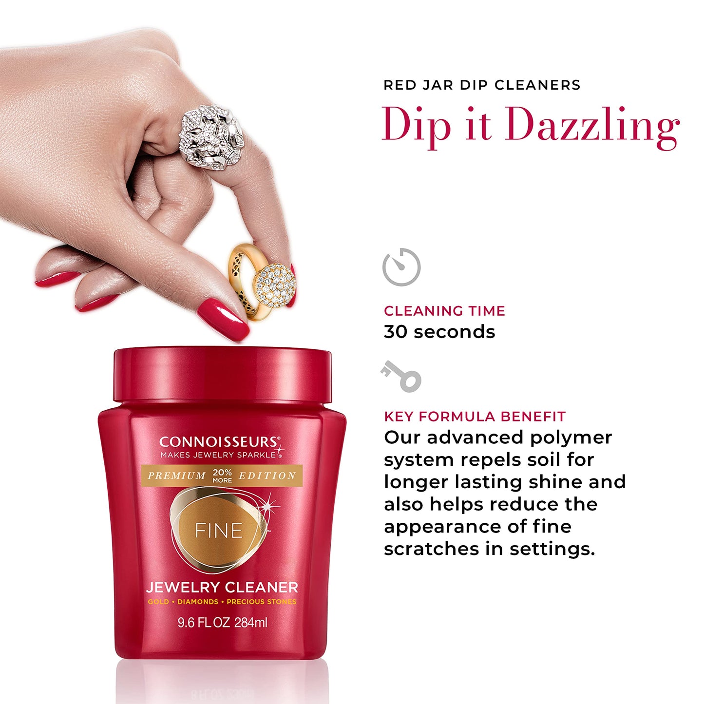 Connoisseurs Premium Edition Fine Jewelry Cleaner Solution for Gold, Diamonds, Platinum, and Gemstones - 9.6 fl oz - Restores Brilliance in Seconds