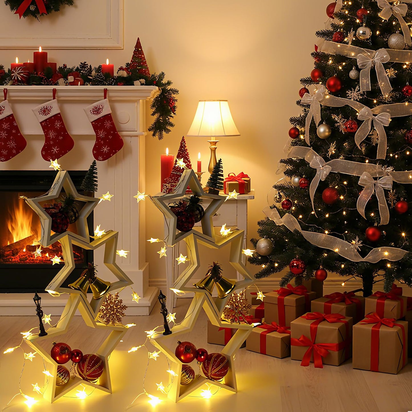 Geelin 6 Pcs Christmas Wooden Star Tabletop Centerpiece Sign with Light Strips Tape DIY Xmas Ornament for Farmhouse Fireplace Mantle Table Crafts Bookshelf Tiered Tray Decor (White)